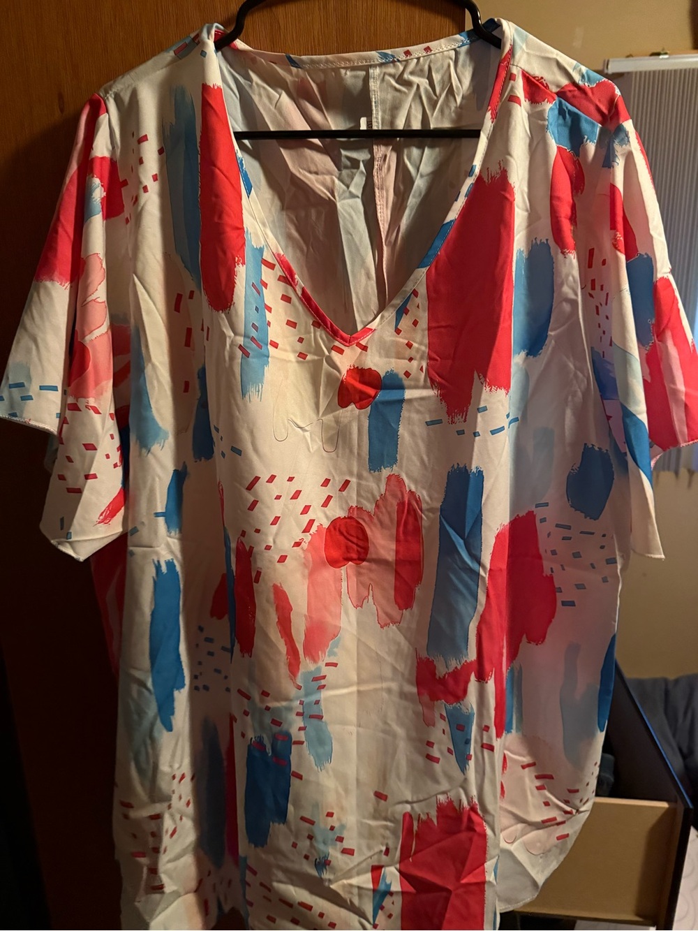 Women's V-Neck Abstract Print Shirt - Red & Blue